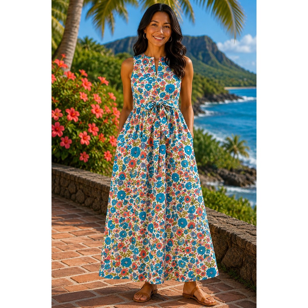 Tori Richard Honolulu Vintage Hawaiian Sleeveless Floral Maxi Dress Waist Belt 6